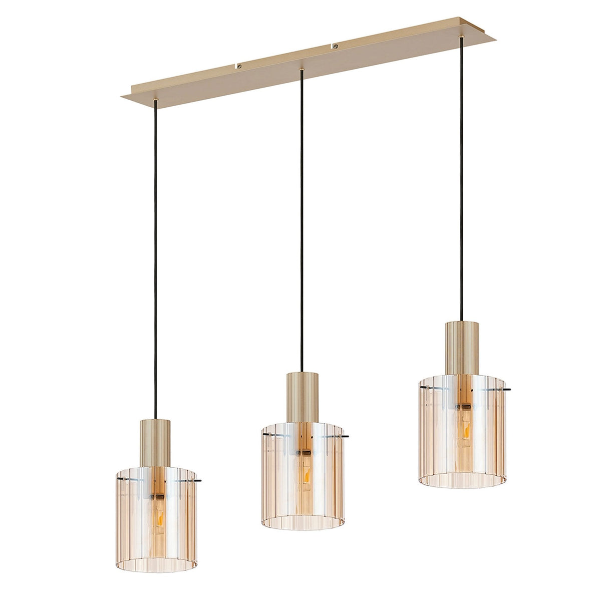 Belstone Wide Ribbed Triple Drop Linear Pendant in Light Gold with Amber Glass