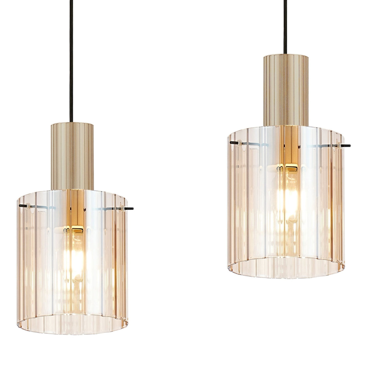 Belstone Wide Ribbed Triple Drop Linear Pendant in Light Gold with Amber Glass