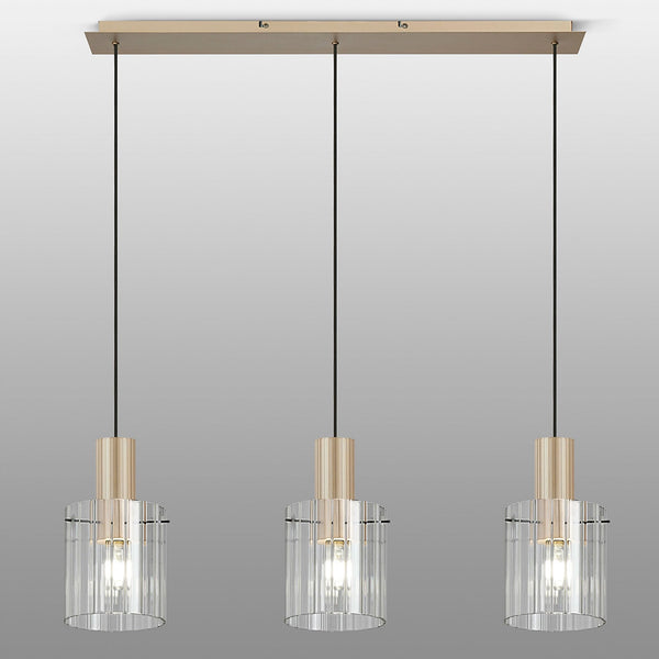 Belstone Wide Ribbed Triple Drop Linear Pendant in Light Gold with Clear Glass