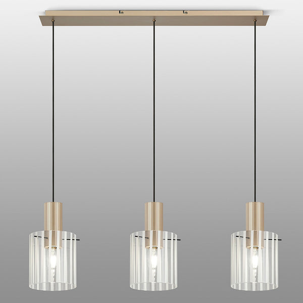 Belstone Wide Ribbed Triple Drop Linear Pendant in Light Gold with Frosted & Clear Glass