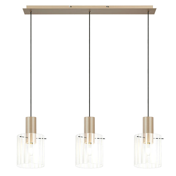 Belstone Wide Ribbed Triple Drop Linear Pendant in Light Gold with Frosted & Clear Glass