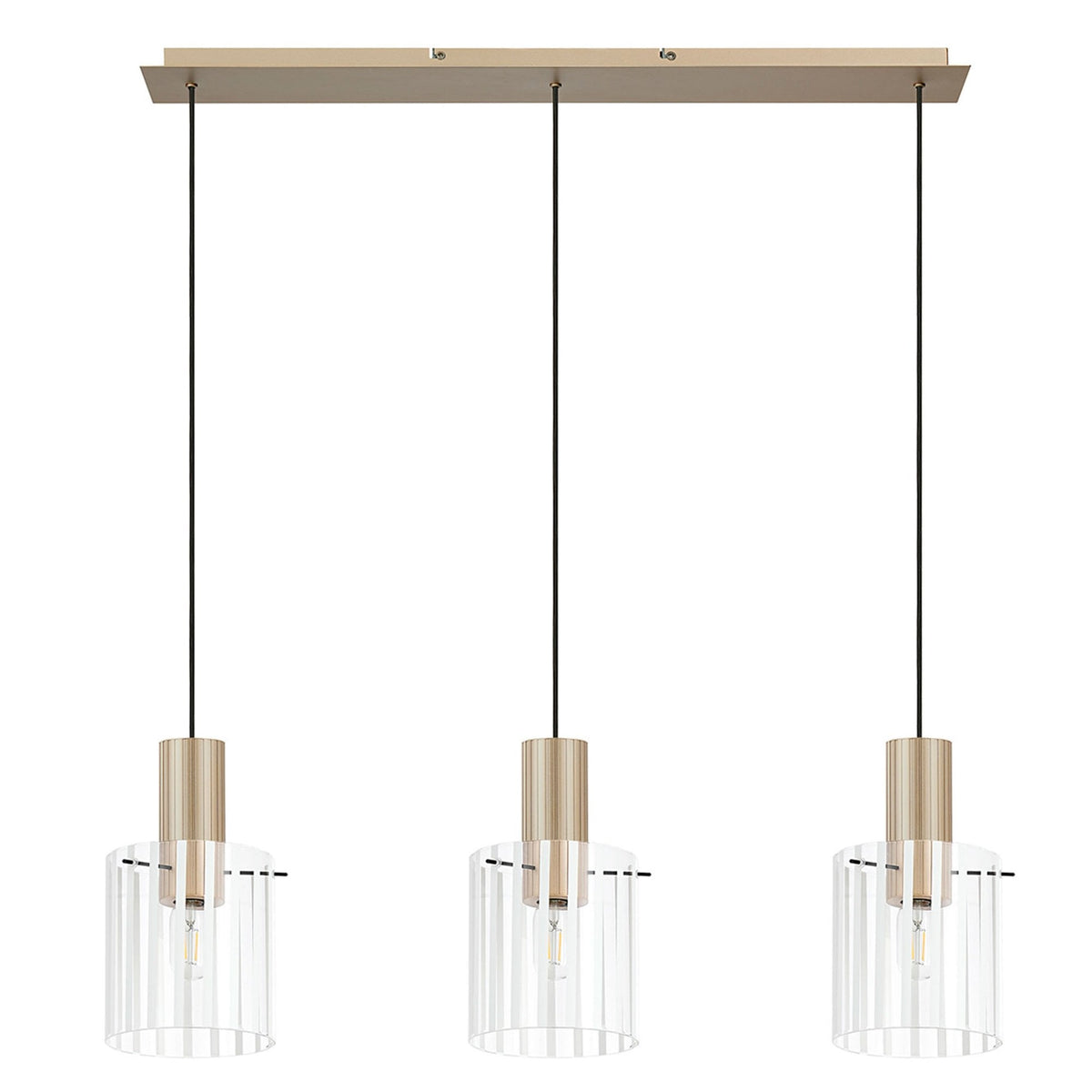 Belstone Wide Ribbed Triple Drop Linear Pendant in Light Gold with Frosted & Clear Glass
