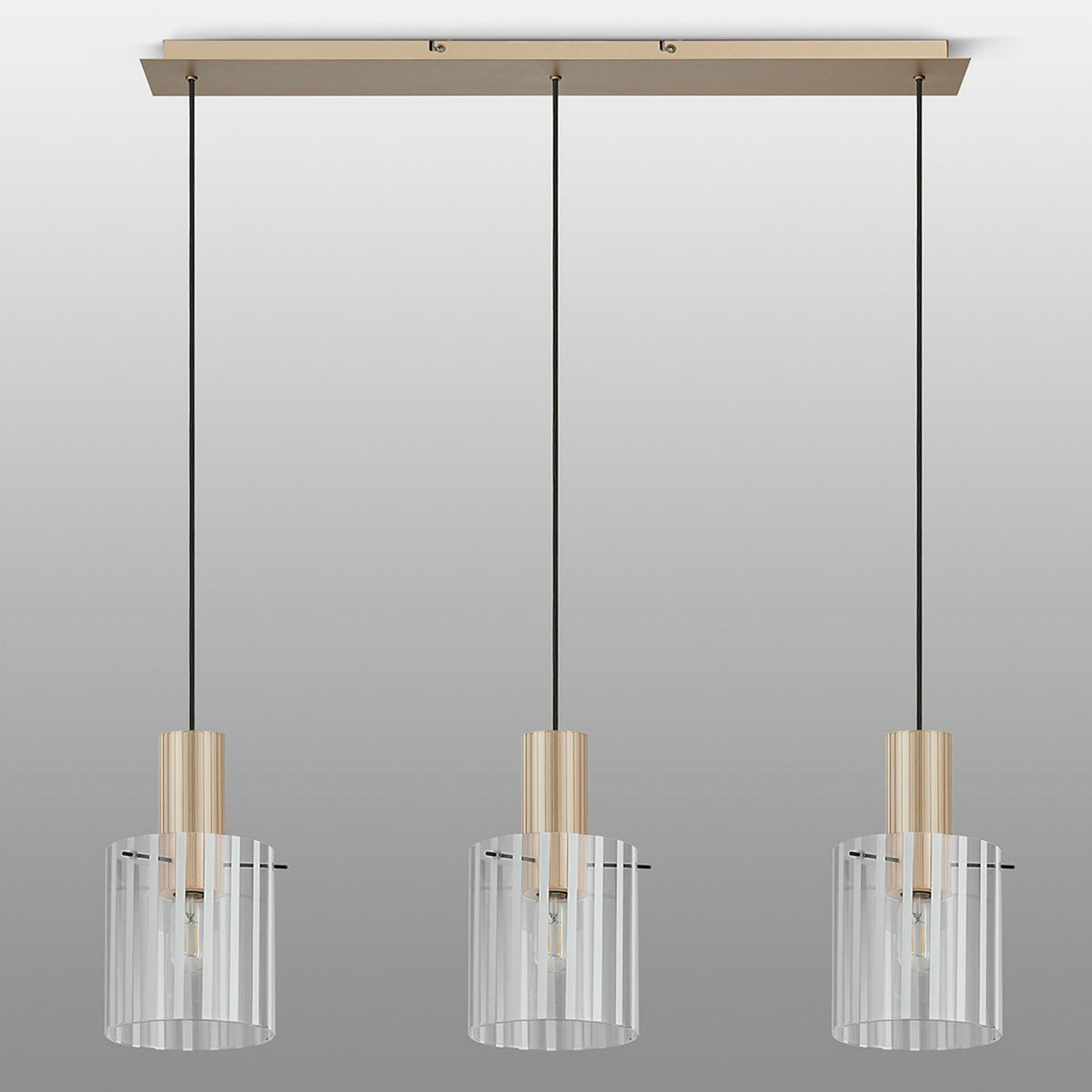 Belstone Wide Ribbed Triple Drop Linear Pendant in Light Gold with Frosted & Clear Glass