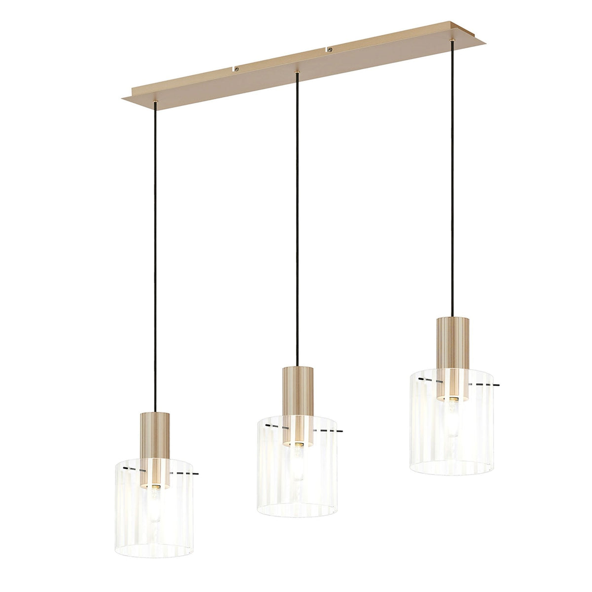 Belstone Wide Ribbed Triple Drop Linear Pendant in Light Gold with Frosted & Clear Glass