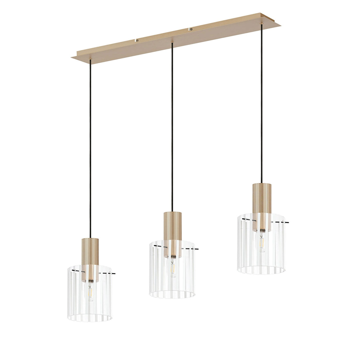 Belstone Wide Ribbed Triple Drop Linear Pendant in Light Gold with Frosted & Clear Glass