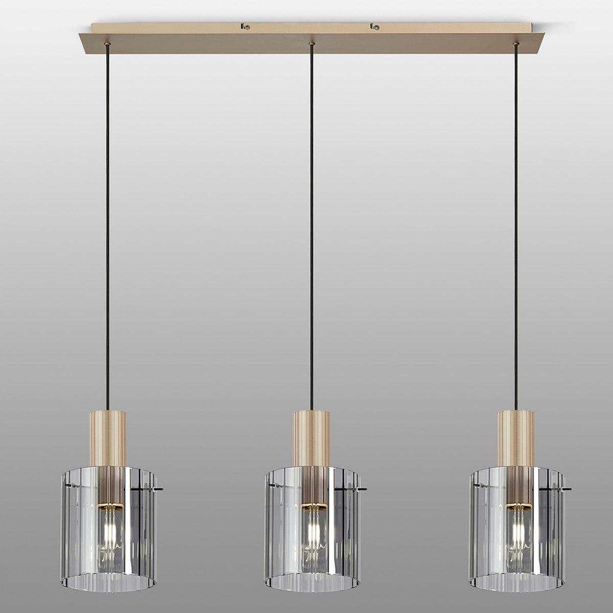 Belstone Wide Ribbed Triple Drop Linear Pendant in Light Gold with Smoke Glass
