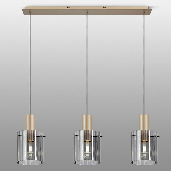 Belstone Wide Ribbed Triple Drop Linear Pendant in Light Gold with Smoke Glass