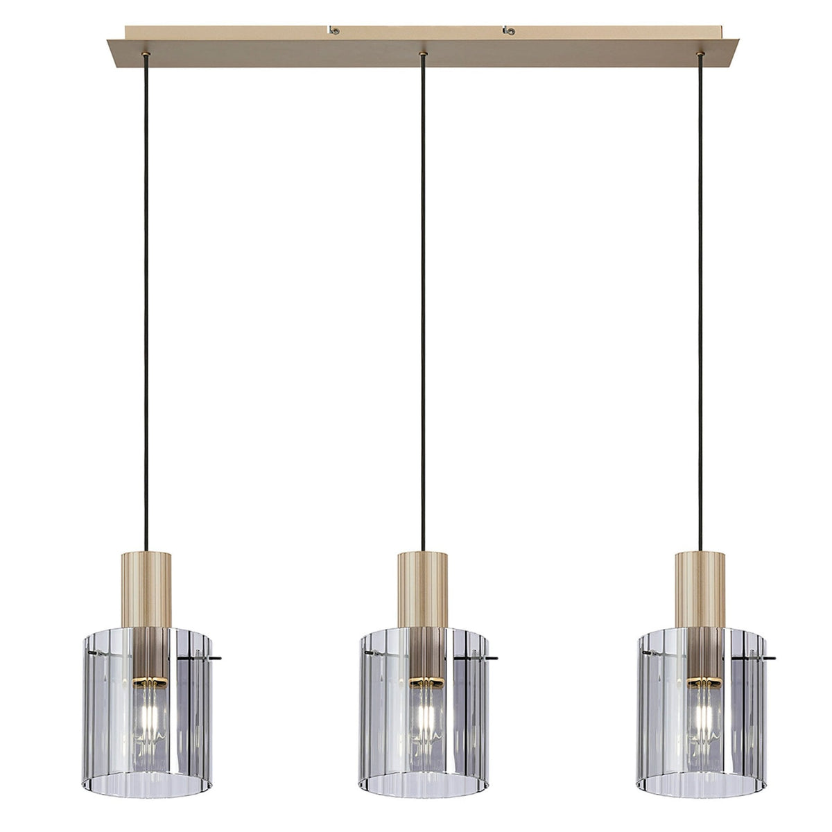 Belstone Wide Ribbed Triple Drop Linear Pendant in Light Gold with Smoke Glass