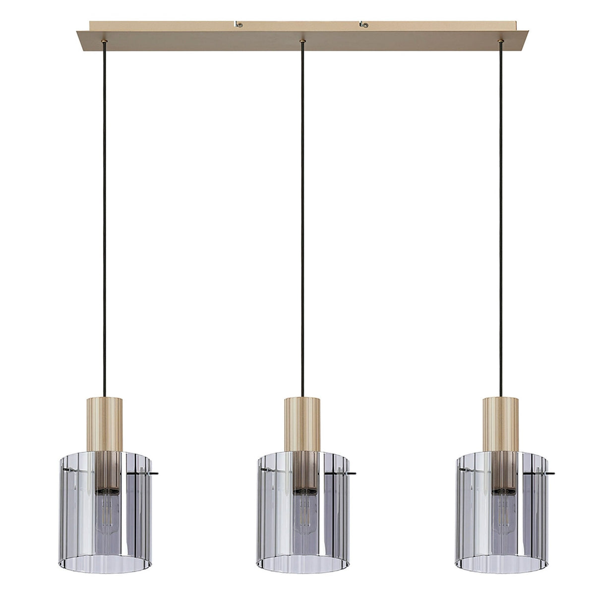 Belstone Wide Ribbed Triple Drop Linear Pendant in Light Gold with Smoke Glass