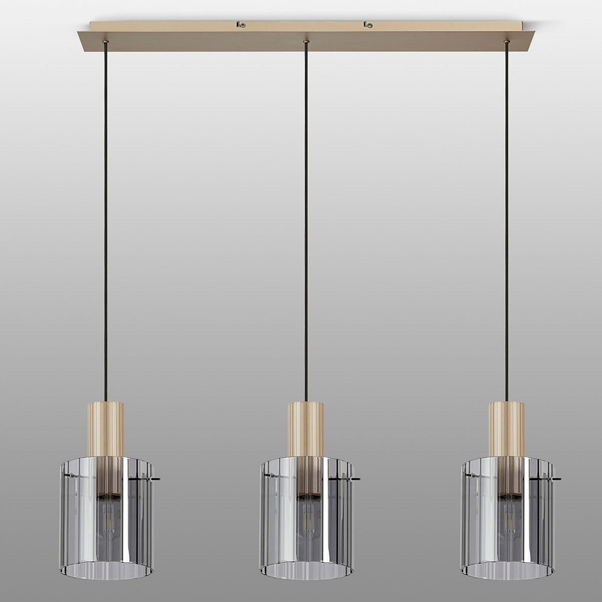 Belstone Wide Ribbed Triple Drop Linear Pendant in Light Gold with Smoke Glass