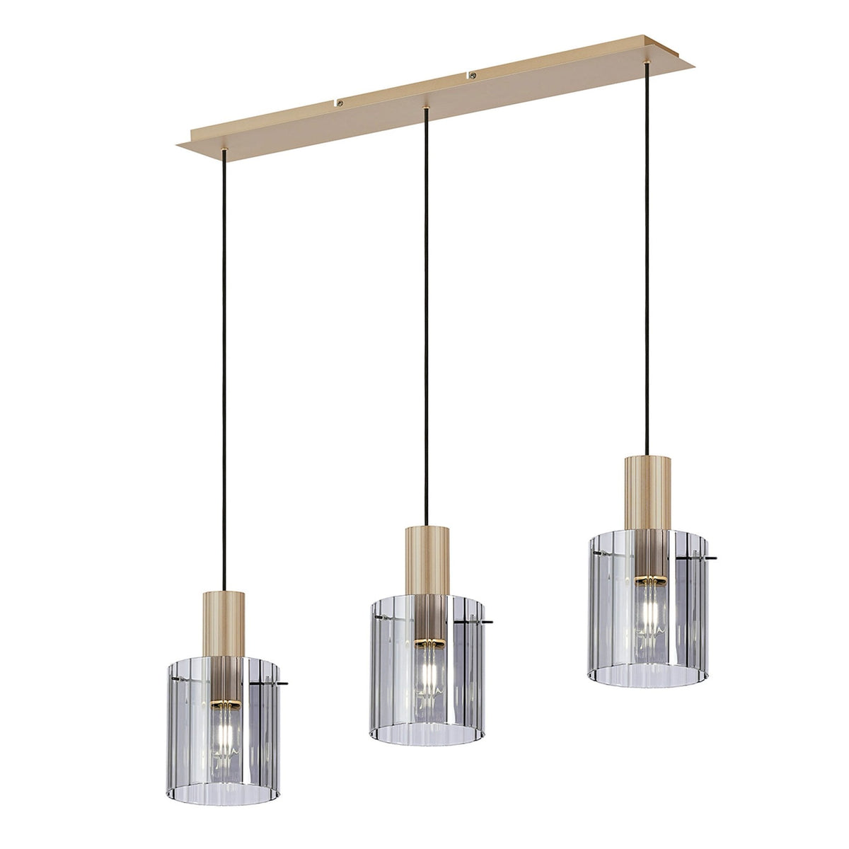 Belstone Wide Ribbed Triple Drop Linear Pendant in Light Gold with Smoke Glass
