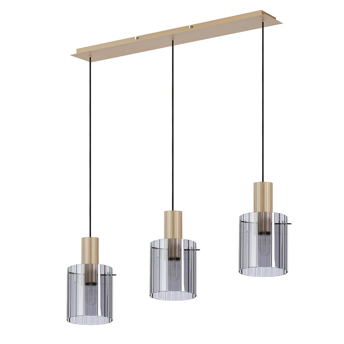 Belstone Wide Ribbed Triple Drop Linear Pendant in Light Gold with Smoke Glass