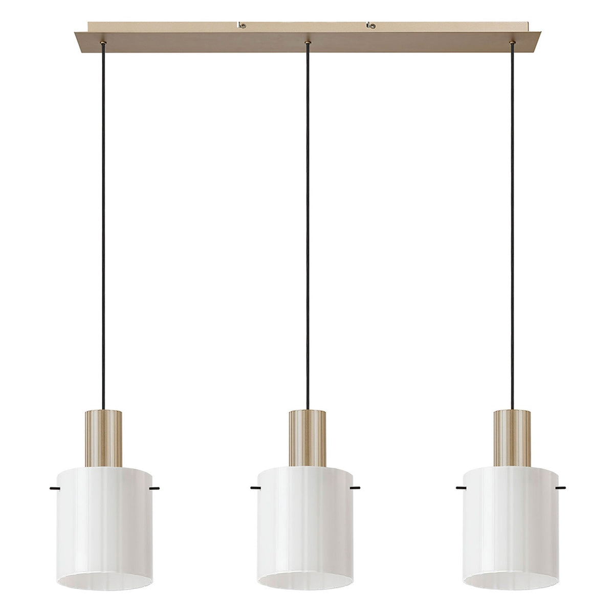Belstone Wide Ribbed Triple Drop Linear Pendant in Light Gold with Gloss White Glass