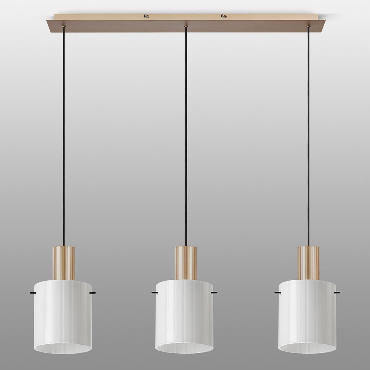 Belstone Wide Ribbed Triple Drop Linear Pendant in Light Gold with Gloss White Glass