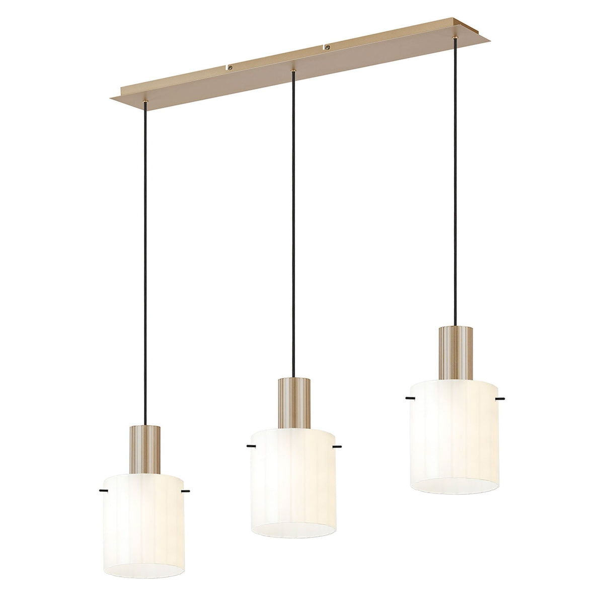 Belstone Wide Ribbed Triple Drop Linear Pendant in Light Gold with Gloss White Glass