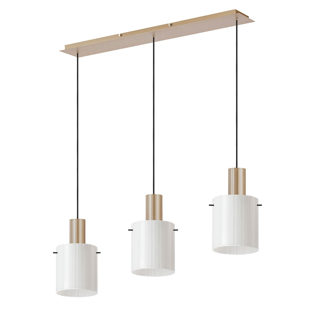 Belstone Wide Ribbed Triple Drop Linear Pendant in Light Gold with Gloss White Glass