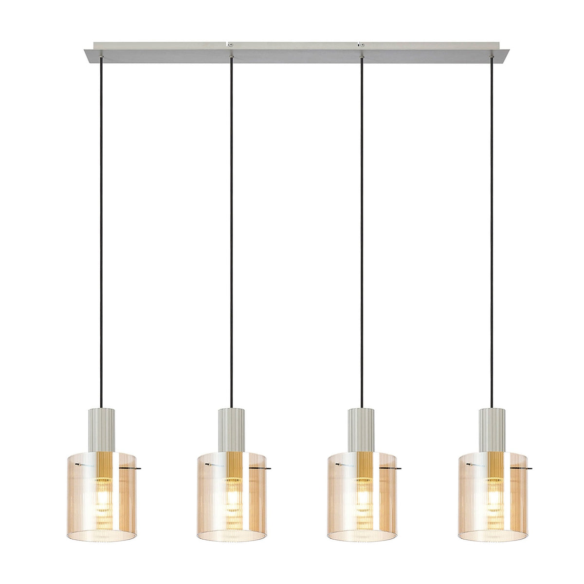 Belstone Fine Ribbed Four Drop Linear Pendant in Beige Stone with Amber Glass