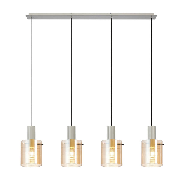 Belstone Fine Ribbed Four Drop Linear Pendant in Beige Stone with Amber Glass