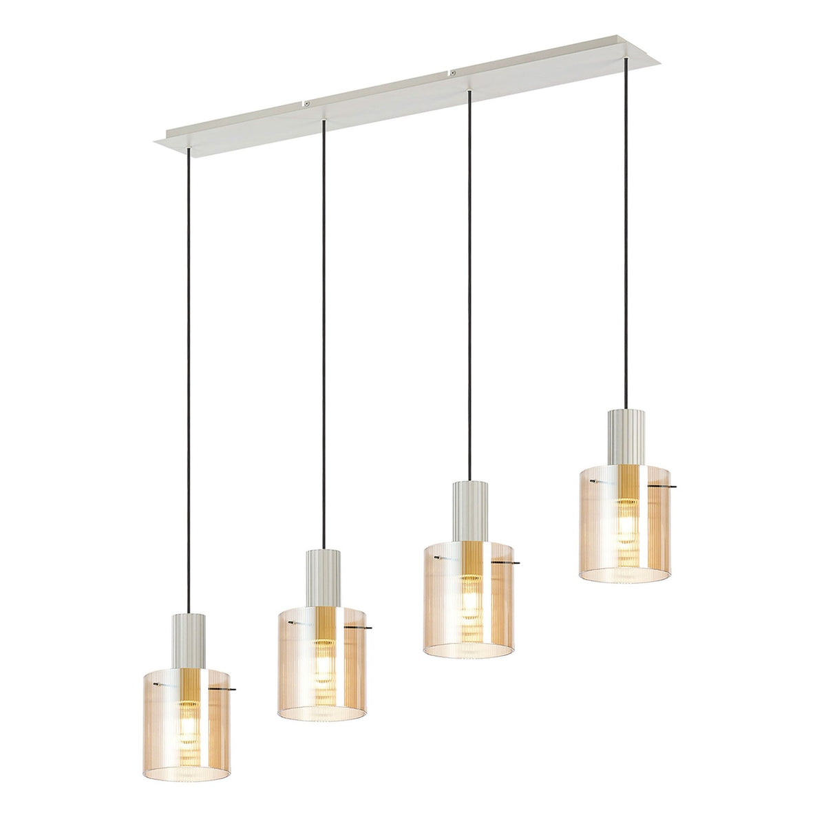 Belstone Fine Ribbed Four Drop Linear Pendant in Beige Stone with Amber Glass