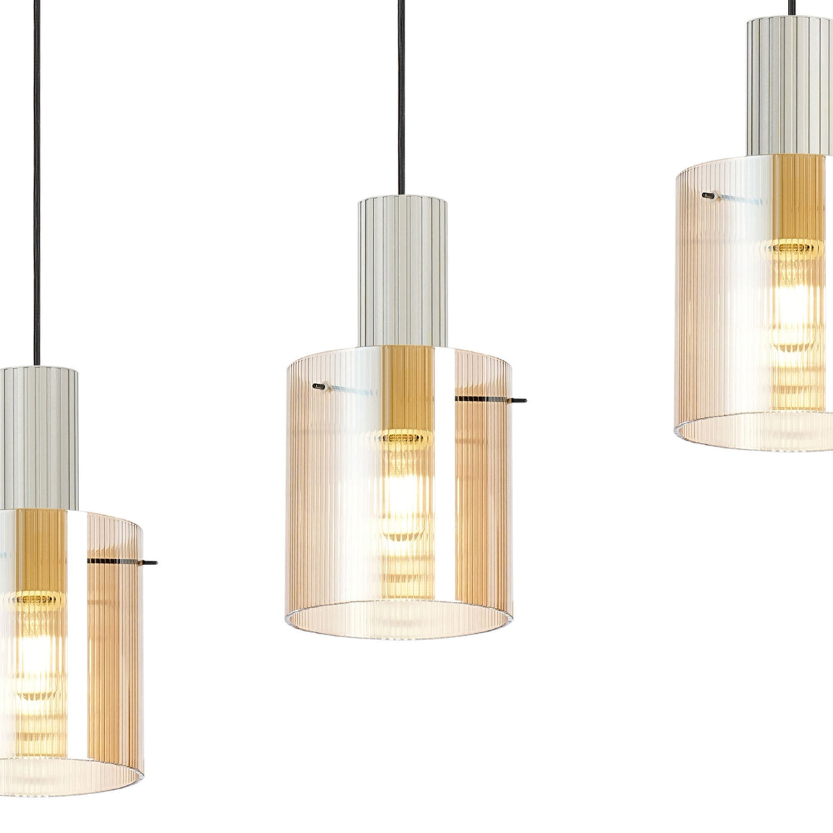 Belstone Fine Ribbed Four Drop Linear Pendant in Beige Stone with Amber Glass