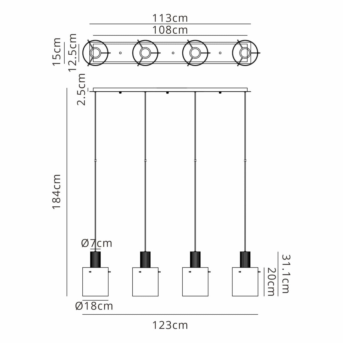 Belstone Fine Ribbed Four Drop Linear Pendant in Beige Stone with Amber Glass