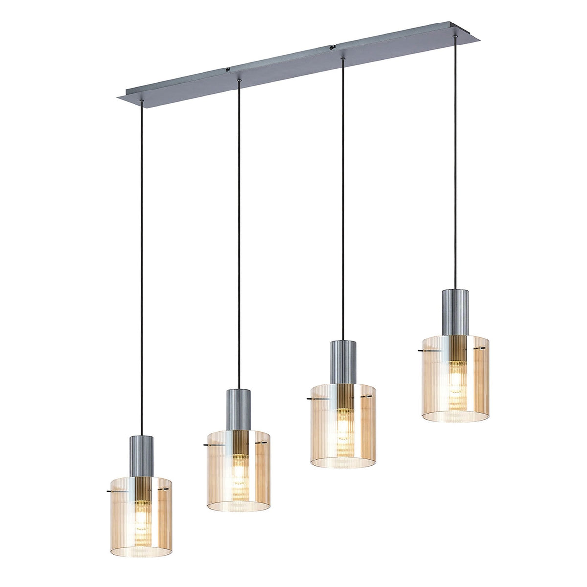 Belstone Fine Ribbed Four Drop Linear Pendant in Dark Grey with Amber Glass