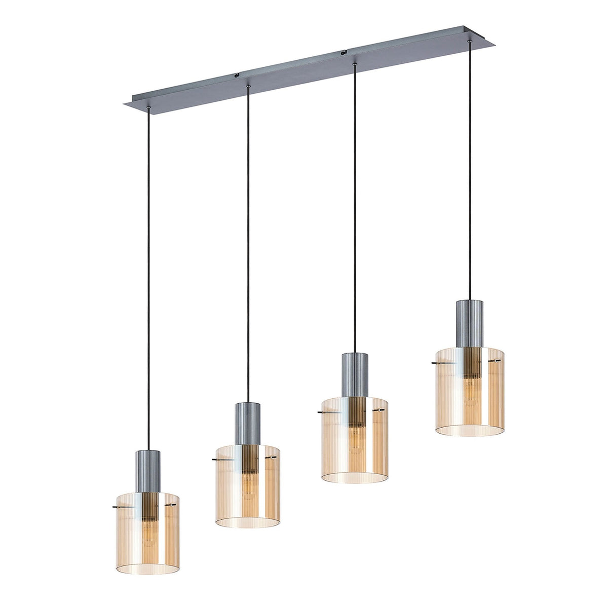 Belstone Fine Ribbed Four Drop Linear Pendant in Dark Grey with Amber Glass