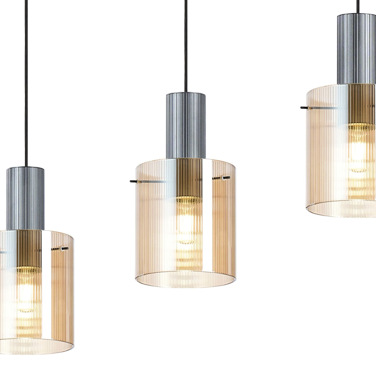 Belstone Fine Ribbed Four Drop Linear Pendant in Dark Grey with Amber Glass