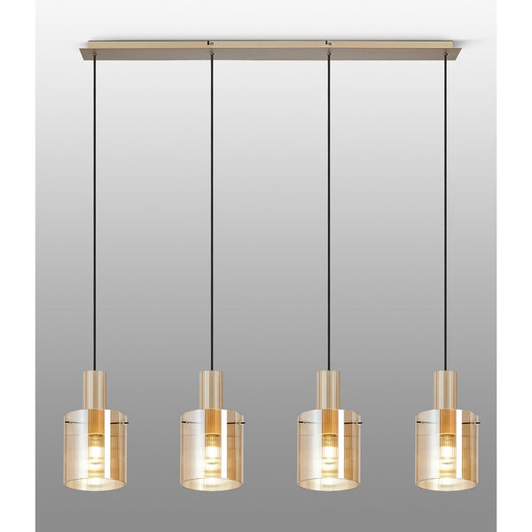 Belstone Fine Ribbed Four Drop Linear Pendant in Light Gold with Amber Glass