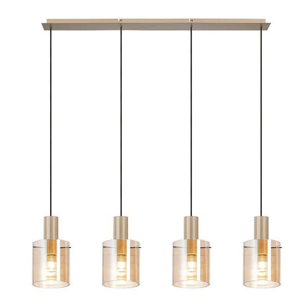 Belstone Fine Ribbed Four Drop Linear Pendant in Light Gold with Amber Glass