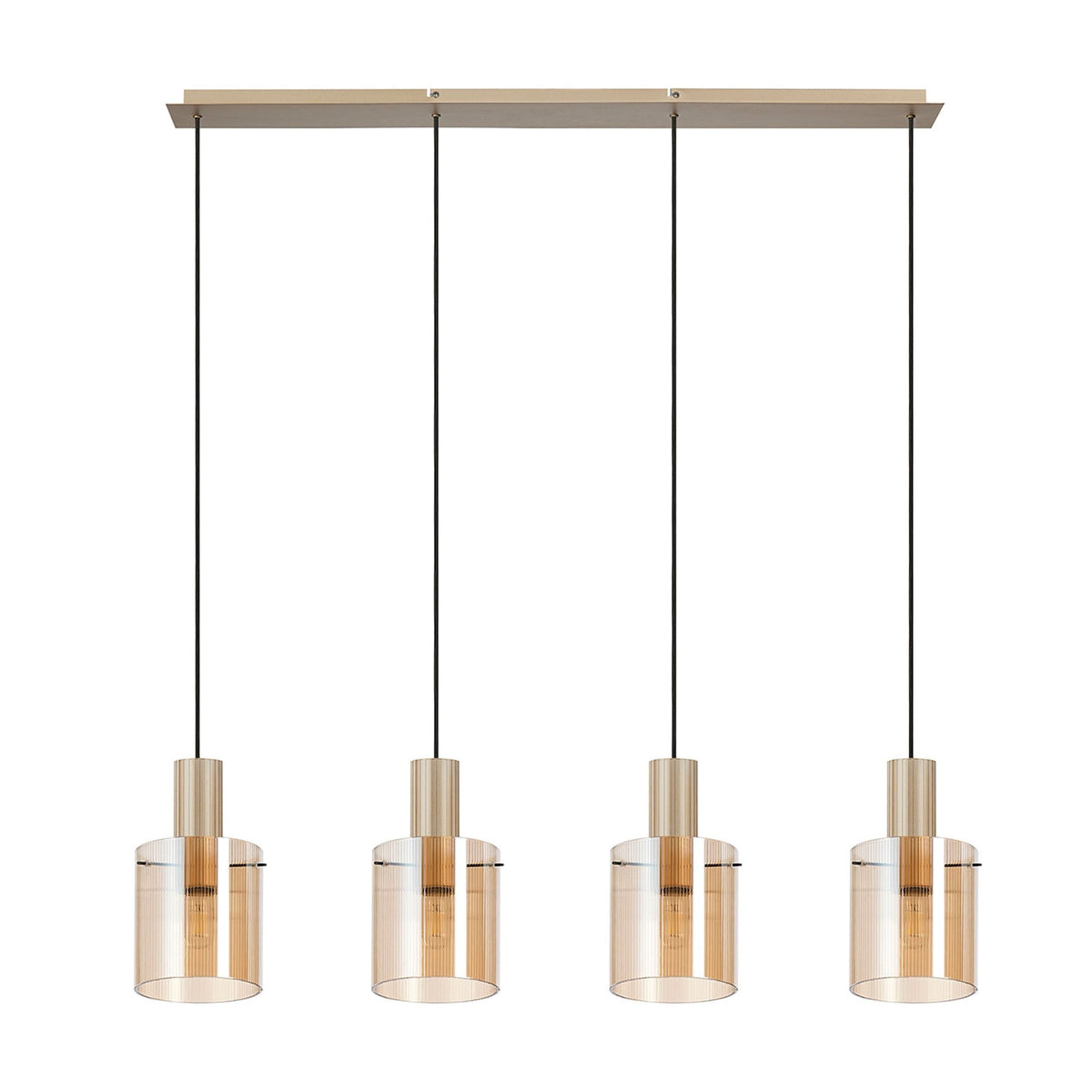 Belstone Fine Ribbed Four Drop Linear Pendant in Light Gold with Amber Glass
