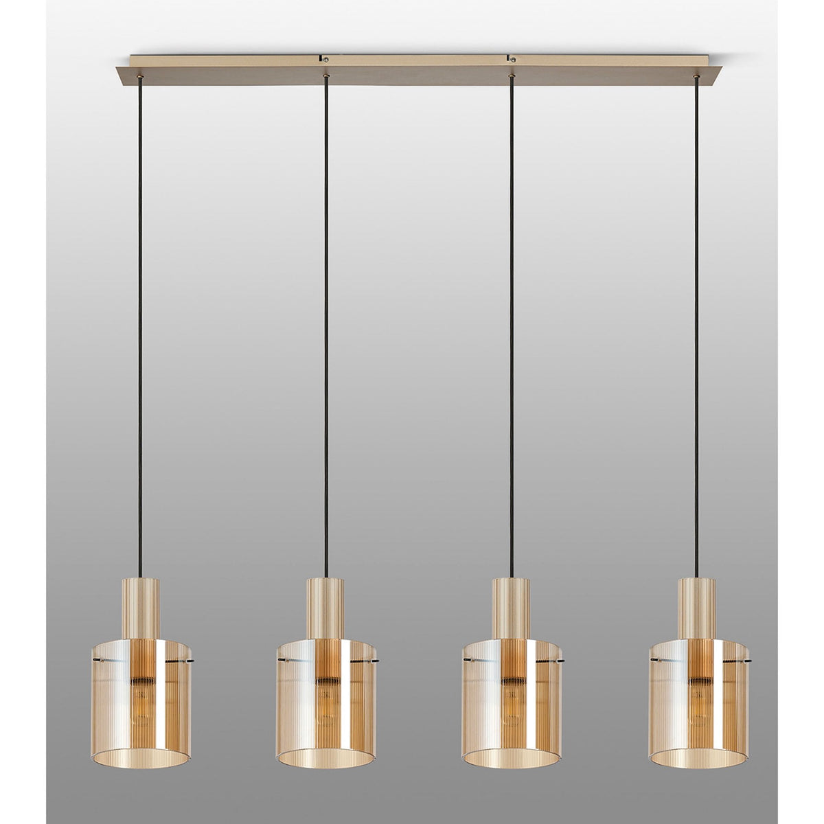 Belstone Fine Ribbed Four Drop Linear Pendant in Light Gold with Amber Glass