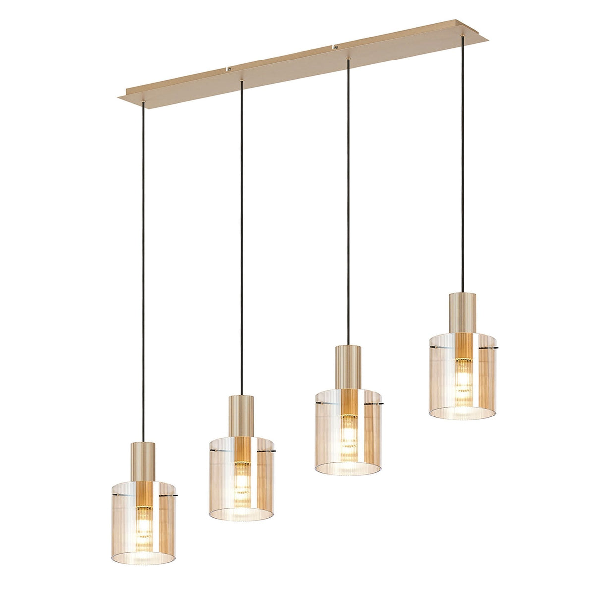 Belstone Fine Ribbed Four Drop Linear Pendant in Light Gold with Amber Glass