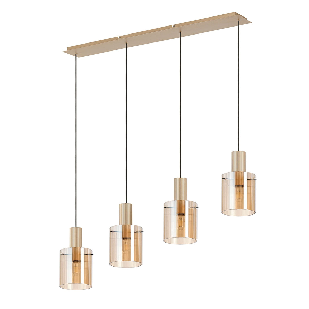 Belstone Fine Ribbed Four Drop Linear Pendant in Light Gold with Amber Glass