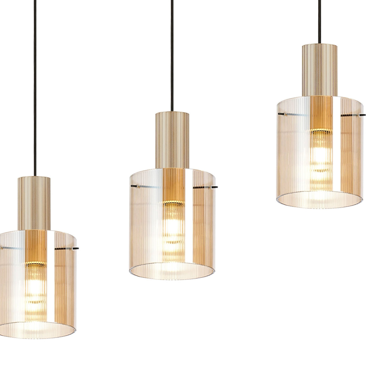 Belstone Fine Ribbed Four Drop Linear Pendant in Light Gold with Amber Glass
