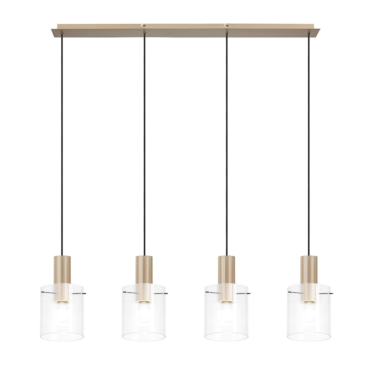Belstone Fine Ribbed Four Drop Linear Pendant in Light Gold with Clear Glass