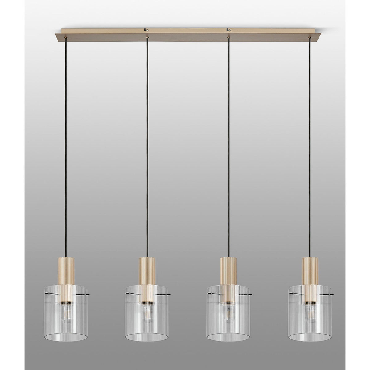 Belstone Fine Ribbed Four Drop Linear Pendant in Light Gold with Clear Glass