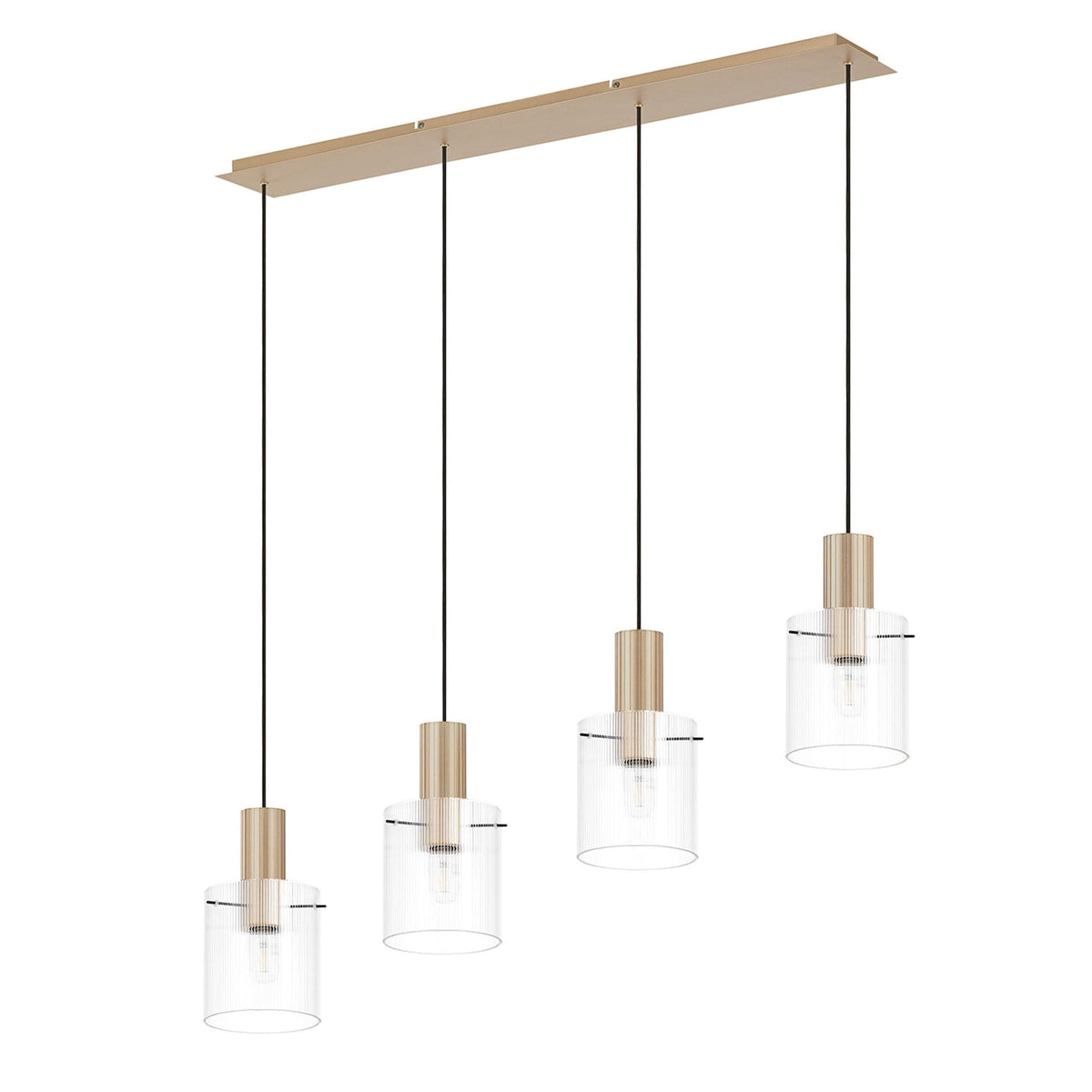 Belstone Fine Ribbed Four Drop Linear Pendant in Light Gold with Clear Glass