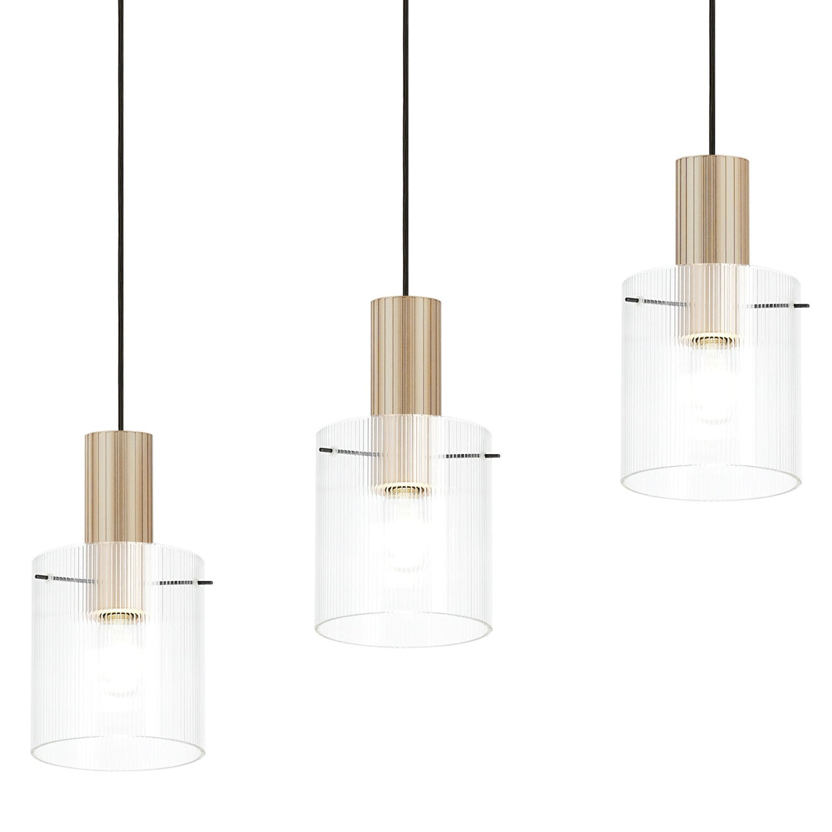 Belstone Fine Ribbed Four Drop Linear Pendant in Light Gold with Clear Glass