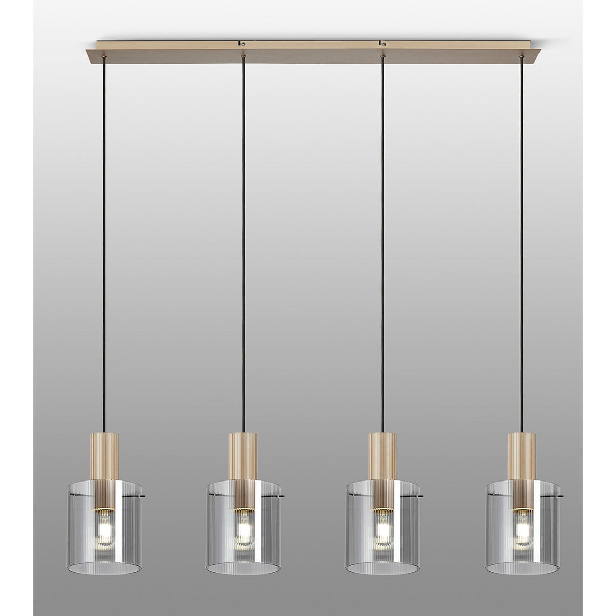 Belstone Fine Ribbed Four Drop Linear Pendant in Light Gold with Smoke Glass