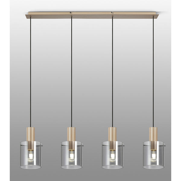 Belstone Fine Ribbed Four Drop Linear Pendant in Light Gold with Smoke Glass