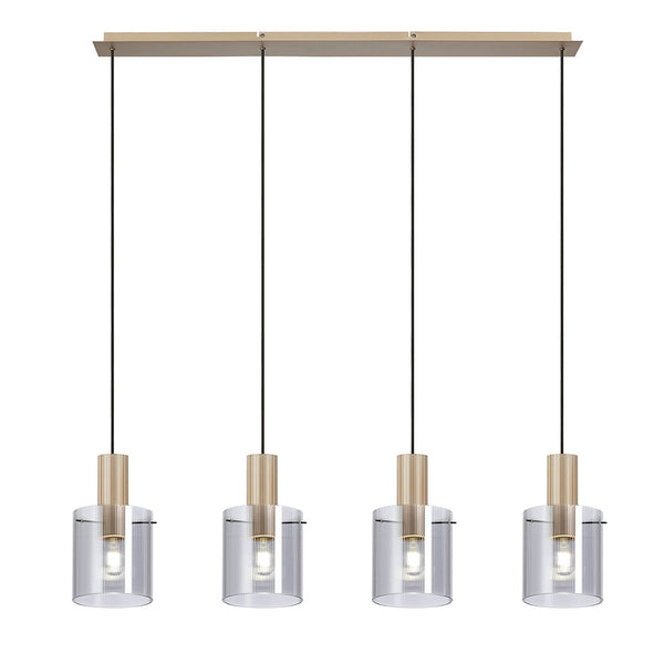 Belstone Fine Ribbed Four Drop Linear Pendant in Light Gold with Smoke Glass