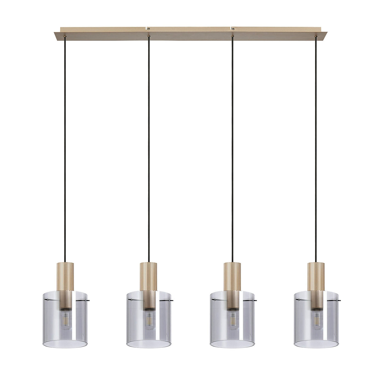 Belstone Fine Ribbed Four Drop Linear Pendant in Light Gold with Smoke Glass