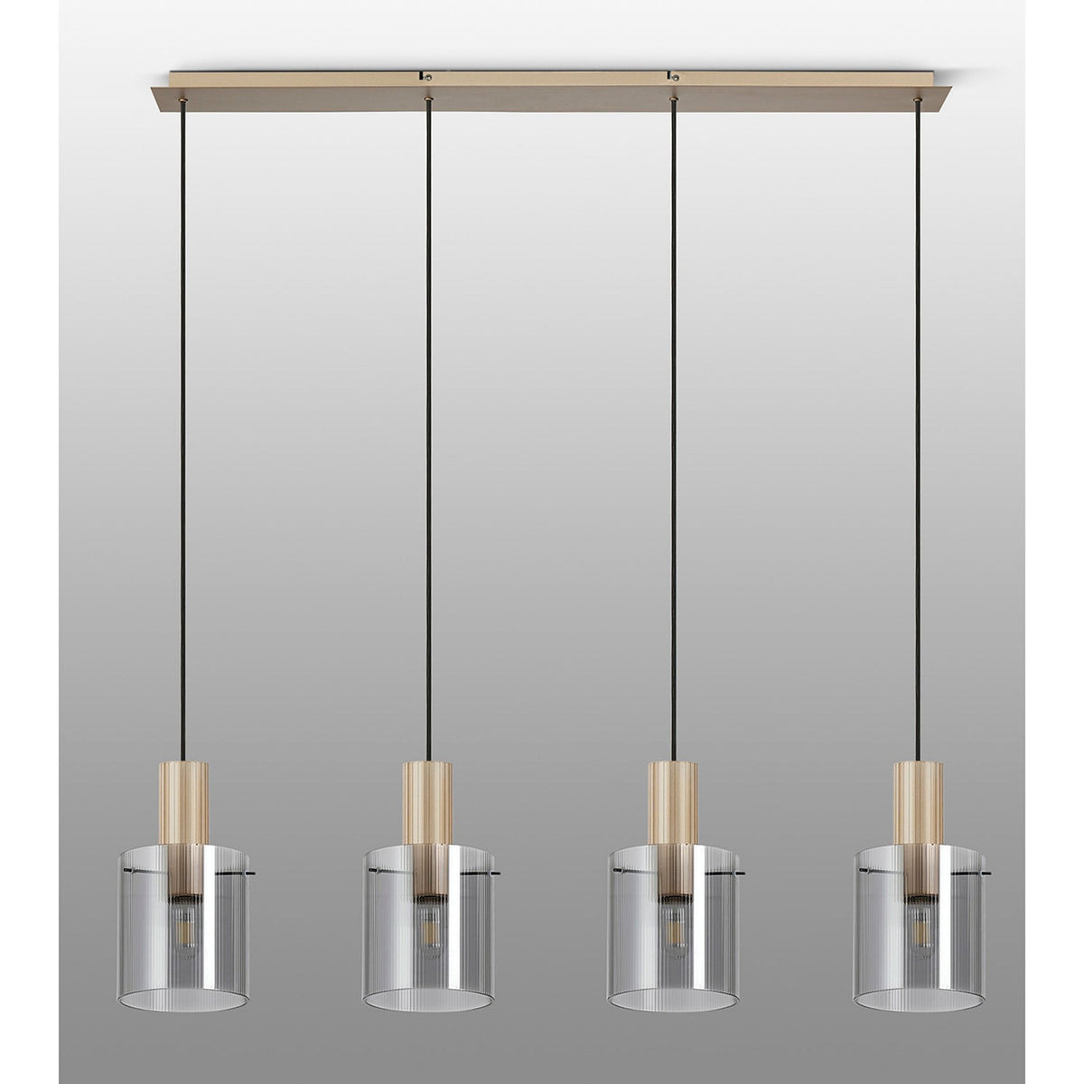 Belstone Fine Ribbed Four Drop Linear Pendant in Light Gold with Smoke Glass