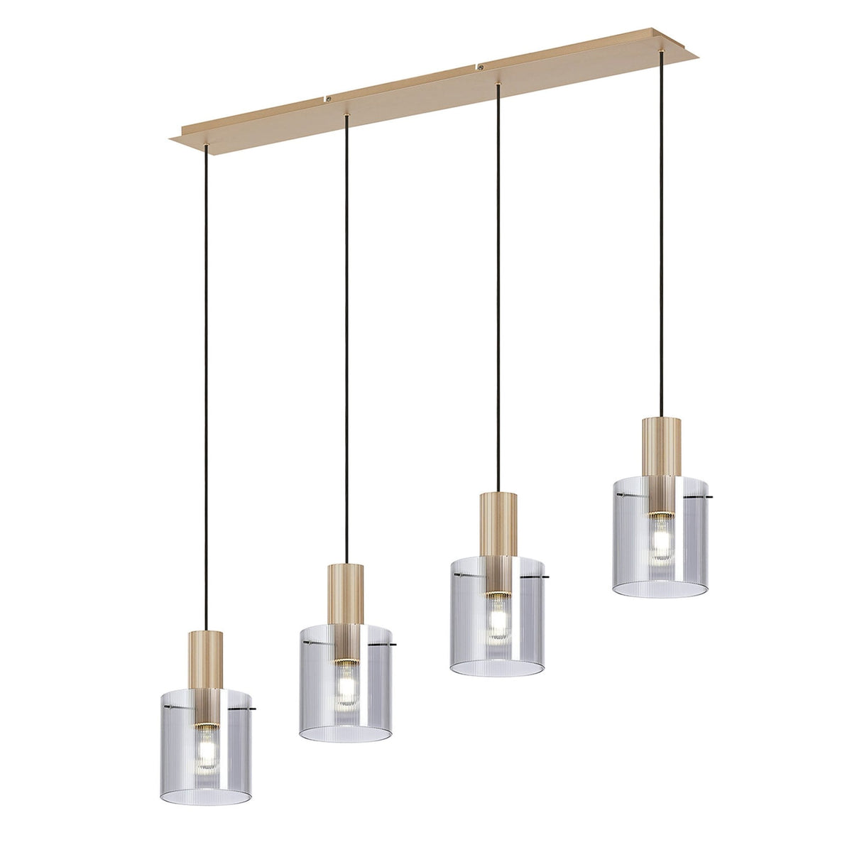 Belstone Fine Ribbed Four Drop Linear Pendant in Light Gold with Smoke Glass