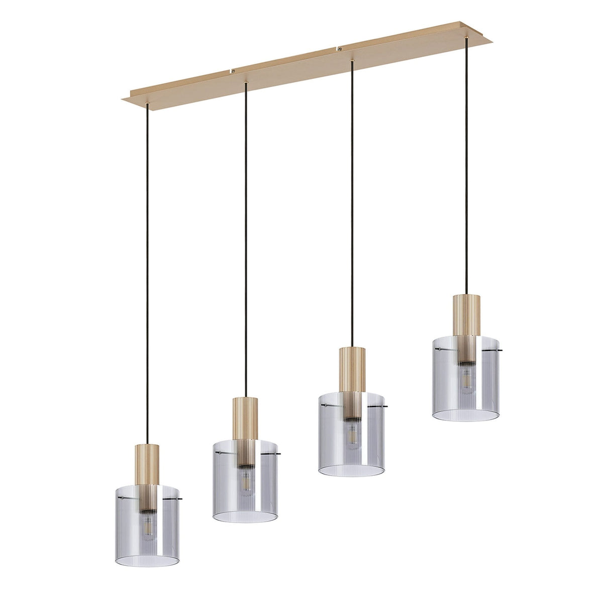 Belstone Fine Ribbed Four Drop Linear Pendant in Light Gold with Smoke Glass