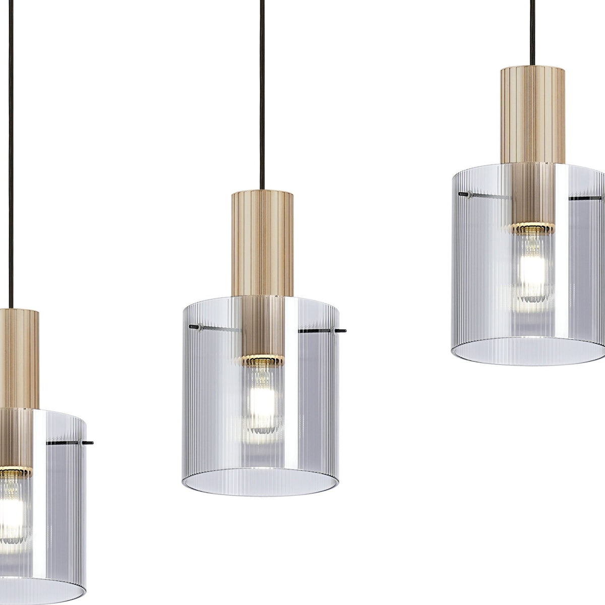 Belstone Fine Ribbed Four Drop Linear Pendant in Light Gold with Smoke Glass