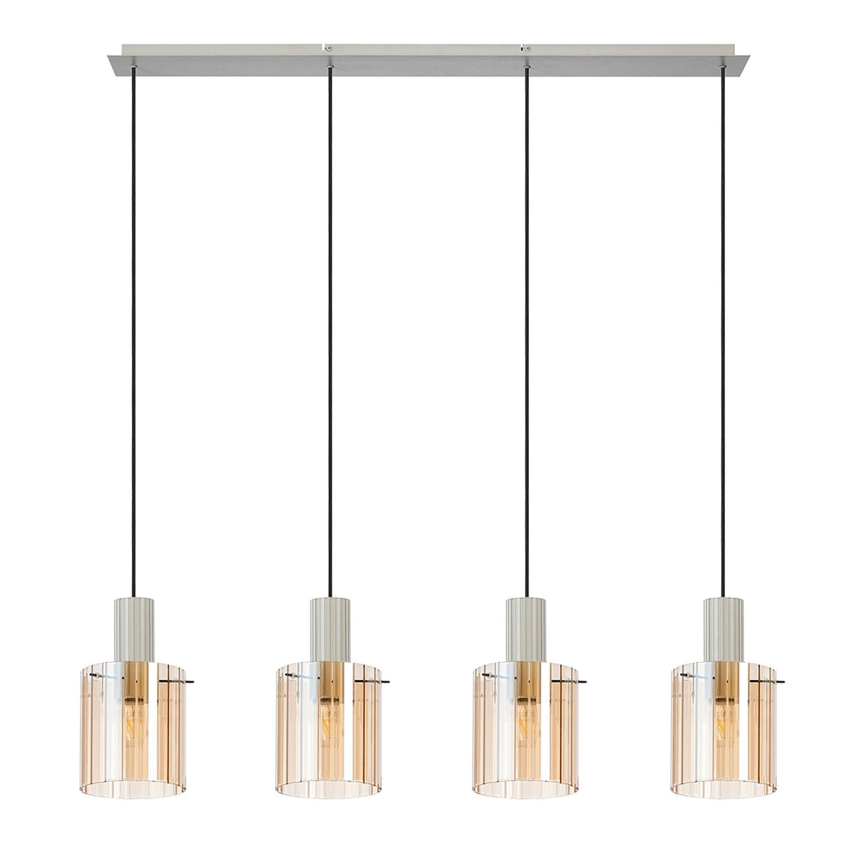 Belstone Wide Ribbed Four Drop Linear Pendant in Beige Stone with Amber Glass