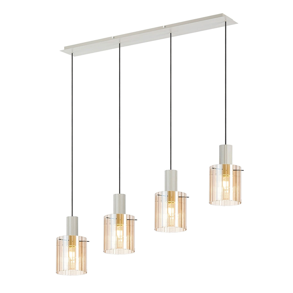 Belstone Wide Ribbed Four Drop Linear Pendant in Beige Stone with Amber Glass