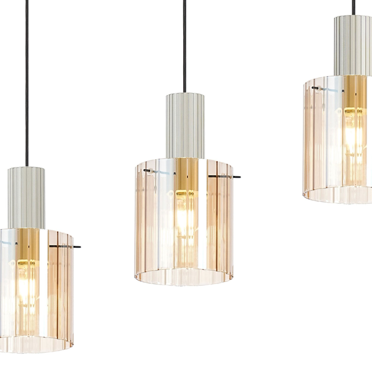 Belstone Wide Ribbed Four Drop Linear Pendant in Beige Stone with Amber Glass